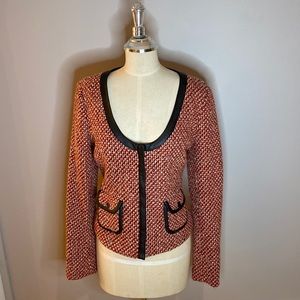 Hinge Size M Tweed with Black Leather Trim Blazer in Coral, Red, Black, White